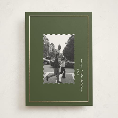 This is a moss foil pressed holiday cards with foil pressed by Corinne Malesic called modern heirloom printing on recycled smooth signature in standard