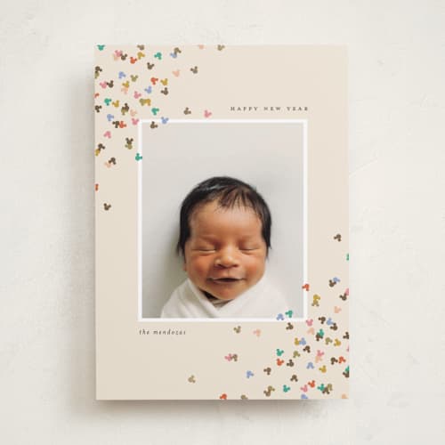 This is a candy foil pressed holiday cards with foil pressed by Ellen Schlegelmilch called mickey confetti corners printing on recycled smooth signature in standard