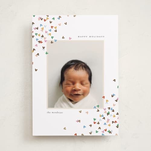 This is a snow foil pressed holiday cards with foil pressed by Ellen Schlegelmilch called mickey confetti corners printing on recycled smooth signature in standard