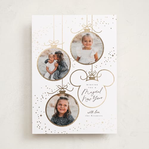 This is a snow foil pressed holiday cards with foil pressed by Everett Paper Goods called baubles printing on recycled smooth signature in standard