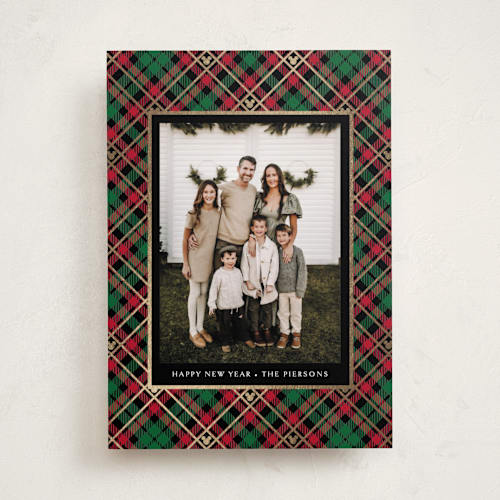 This is a holiday flannel foil pressed holiday cards with foil pressed by Erin Deegan called disney tartan plaid printing on recycled smooth signature in standard