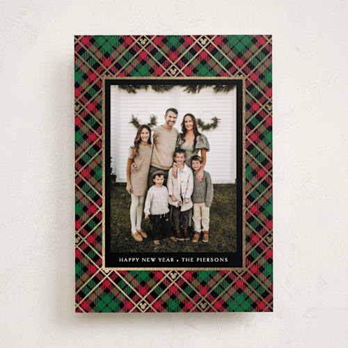 This is a holiday flannel foil pressed holiday cards with foil pressed by Erin Deegan called disney tartan plaid printing on recycled smooth signature in standard