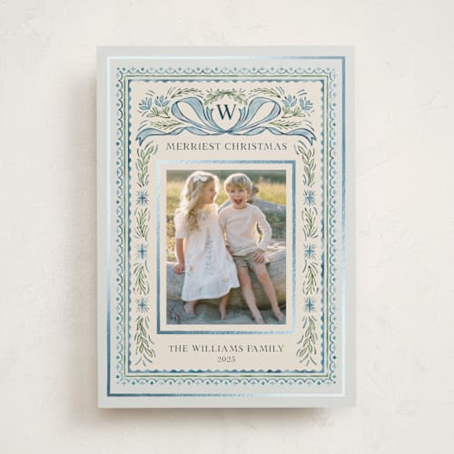 This is a blue jay foil pressed holiday cards with foil pressed by Paper Sun Studio called christmas gift printing on recycled smooth signature in standard