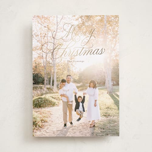 This is a golden foil pressed holiday cards with foil pressed by Rebecca Durflinger called christmas splendor printing on recycled smooth signature in standard