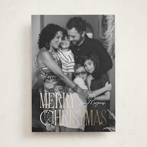 This is a halo foil pressed holiday cards with foil pressed by Kacey Kendrick Wagner called merry embrace printing on recycled smooth signature in standard