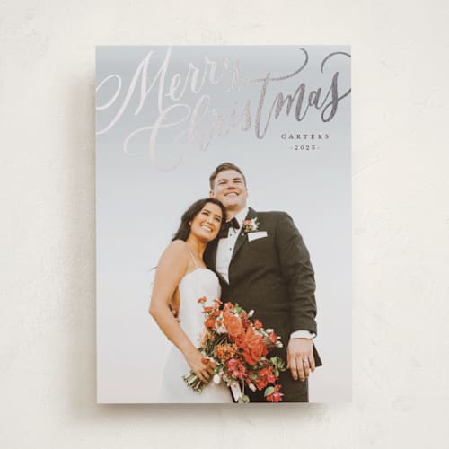 This is a glisten foil pressed holiday cards with foil pressed by Wildfield Paper Co called modern merry christmas printing on recycled smooth signature in standard