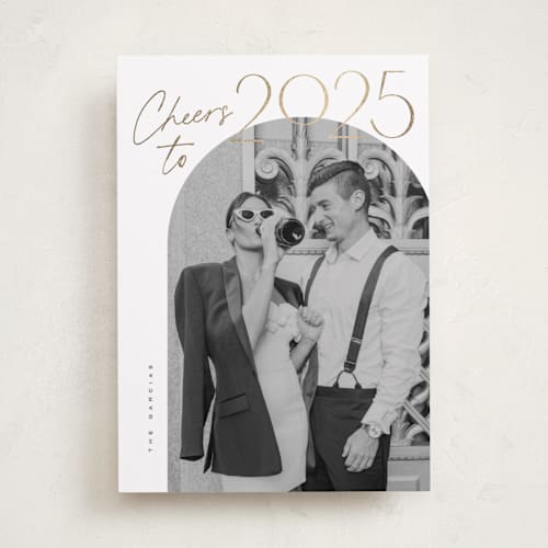 This is a ice foil pressed holiday cards with foil pressed by Creo Study called gilded cheers printing on recycled smooth signature in standard