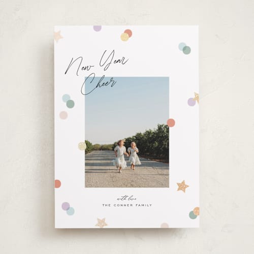 This is a confetti foil pressed holiday cards with foil pressed by Pixel and Hank called confetti cheers printing on recycled smooth signature in standard