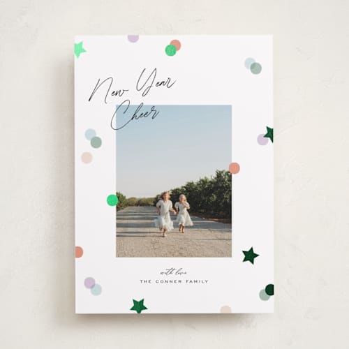 This is a confetti foil pressed holiday cards with foil pressed by Pixel and Hank called confetti cheers printing on recycled smooth signature in standard