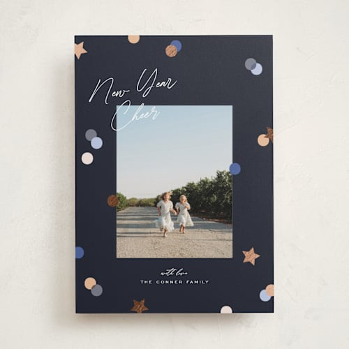 This is a blue jean foil pressed holiday cards with foil pressed by Pixel and Hank called confetti cheers printing on recycled smooth signature in standard