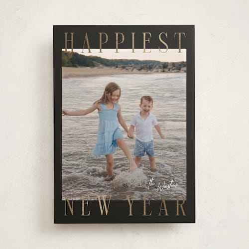 This is a midnight foil pressed holiday cards with foil pressed by Ekko Studio called headlines printing on recycled smooth signature in standard