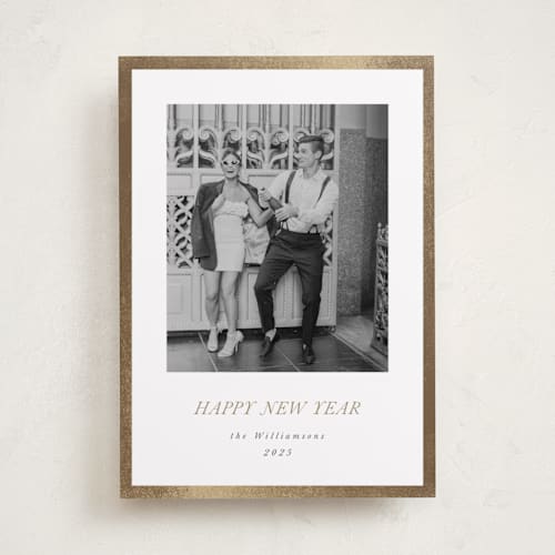 This is a champagne foil pressed holiday cards with foil pressed by Jenna Holcomb called bordered printing on recycled smooth signature in standard