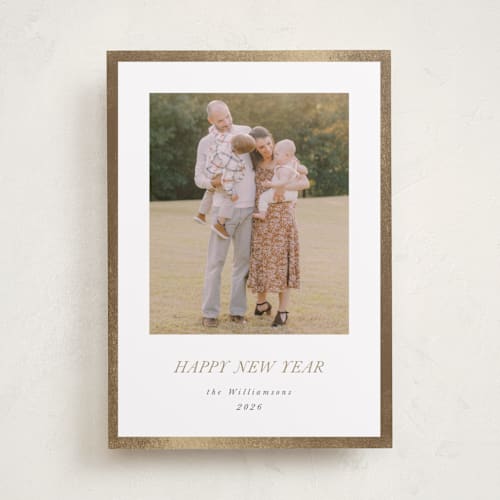 This is a champagne foil pressed holiday cards with foil pressed by Jenna Holcomb called bordered printing on recycled smooth signature in standard