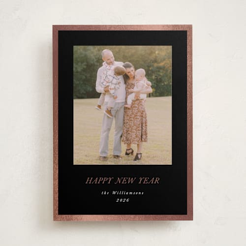 This is a midnight foil pressed holiday cards with foil pressed by Jenna Holcomb called bordered printing on recycled smooth signature in standard