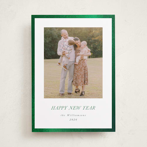 This is a evergreen foil pressed holiday cards with foil pressed by Jenna Holcomb called bordered printing on recycled smooth signature in standard