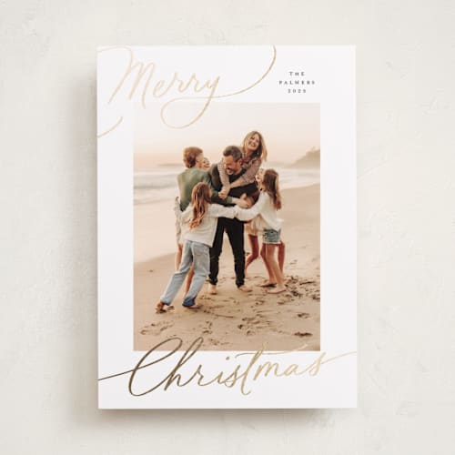 This is a snow foil pressed holiday cards with foil pressed by Everett Paper Goods called evoke printing on recycled smooth signature in standard