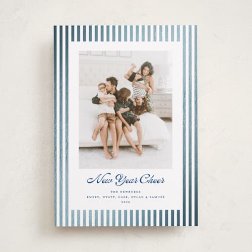 This is a ocean foil pressed holiday cards with foil pressed by Erika Firm called mini cabana stripes printing on recycled smooth signature in standard