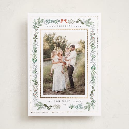 This is a fir foil pressed holiday cards with foil pressed by Hannah Williams called greenery & gold printing on recycled smooth signature in standard