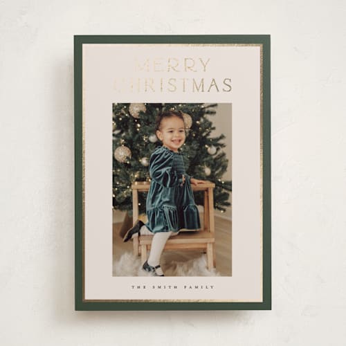 This is a wreath foil pressed holiday cards with foil pressed by Christy Hy Lee called lots of joy printing on recycled smooth signature in standard
