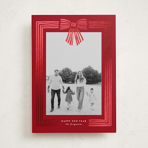 This is a poinsettia foil pressed holiday cards with foil pressed by Iveta Angelova called ribbon framed printing on recycled smooth signature in standard