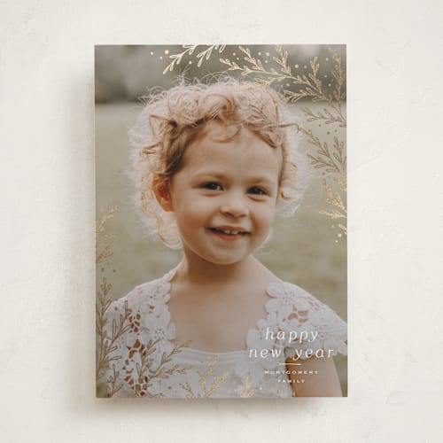 This is a glisten foil pressed holiday cards with foil pressed by Wildfield Paper Co called chamomile printing on recycled smooth signature in standard