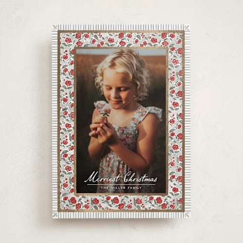 This is a sage foil pressed holiday cards with foil pressed by Jenna Holcomb called a cottage christmas printing on recycled smooth signature in standard