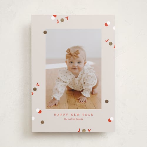 This is a cookie dough foil pressed holiday cards with foil pressed by Jennifer Postorino called funfetti printing on recycled smooth signature in standard