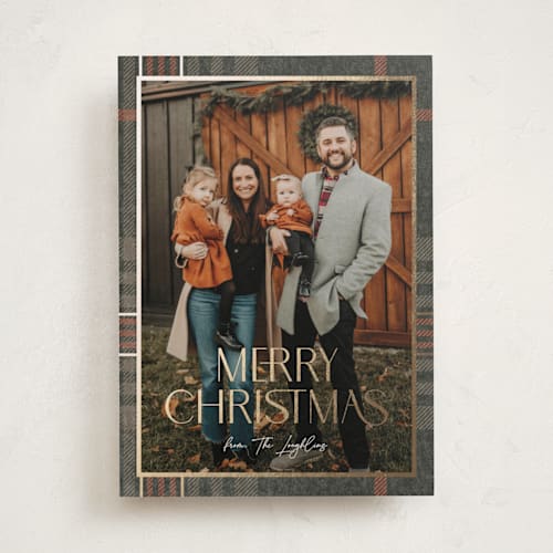 This is a autumn foil pressed holiday cards with foil pressed by Annie Holmquist called foiled plaid printing on recycled smooth signature in standard