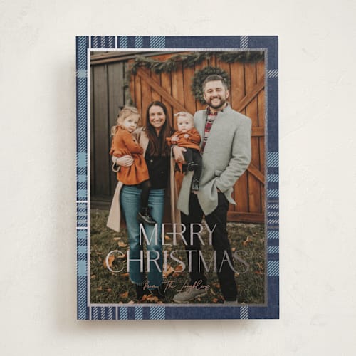 This is a navy foil pressed holiday cards with foil pressed by Annie Holmquist called foiled plaid printing on recycled smooth signature in standard