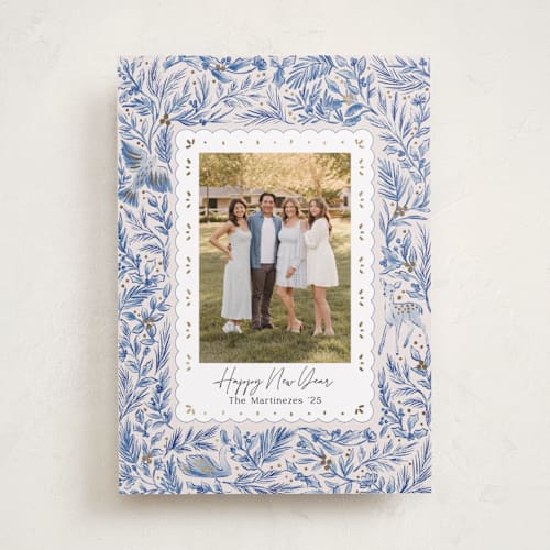 This is a porcelain foil pressed holiday cards with foil pressed by Elly called winter cottage printing on recycled smooth signature in standard