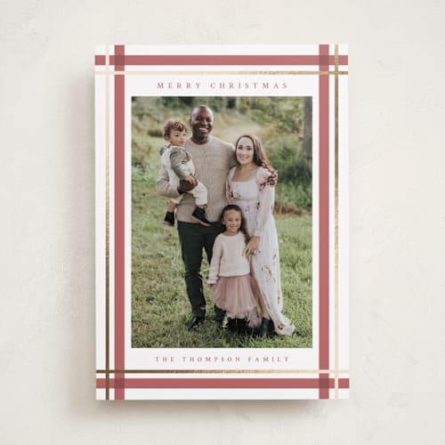 This is a candy cane foil pressed holiday cards with foil pressed by Ashley Presutti Beasley called traditional plaid printing on recycled smooth signature in standard