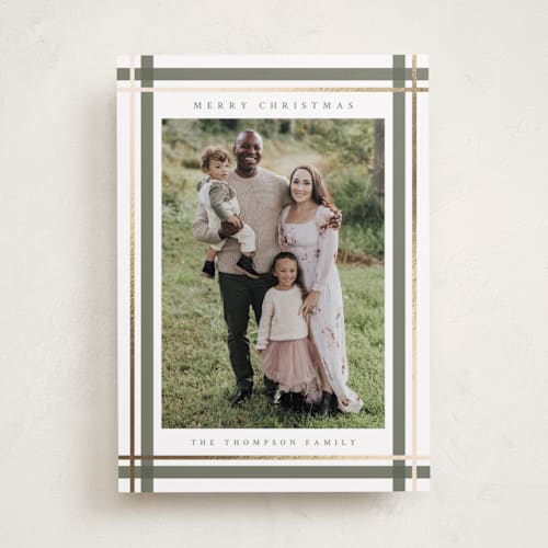 This is a sage foil pressed holiday cards with foil pressed by Ashley Presutti Beasley called traditional plaid printing on recycled smooth signature in standard