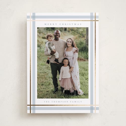 This is a icicle foil pressed holiday cards with foil pressed by Ashley Presutti Beasley called traditional plaid printing on recycled smooth signature in standard