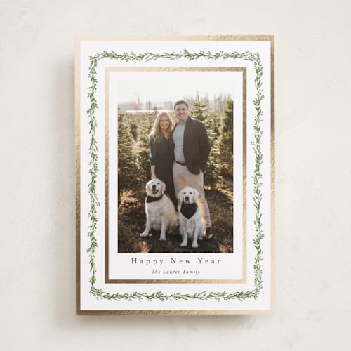This is a pine foil pressed holiday cards with foil pressed by Susan Moyal called natural greenery printing on recycled smooth signature in standard