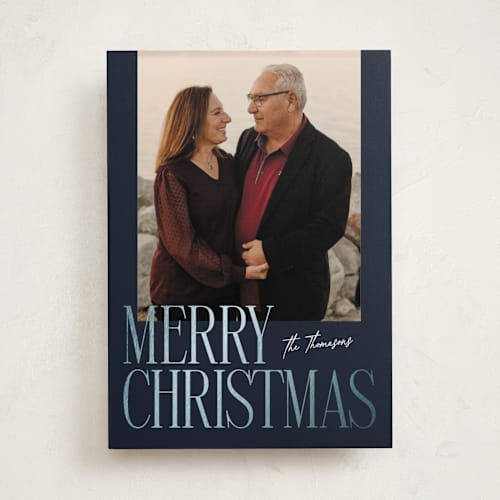 This is a night sky foil pressed holiday cards with foil pressed by Ekko Studio called merry stack printing on recycled smooth signature in standard