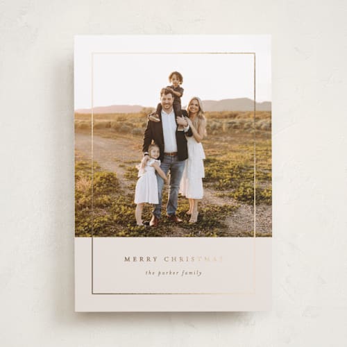 This is a almond foil pressed holiday cards with foil pressed by Brianne Larsen called classic border printing on recycled smooth signature in standard