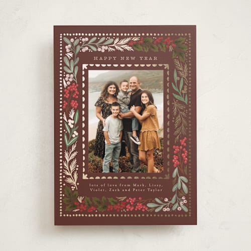 This is a earth foil pressed holiday cards with foil pressed by Alethea and Ruth called botanical detail border printing on recycled smooth signature in standard