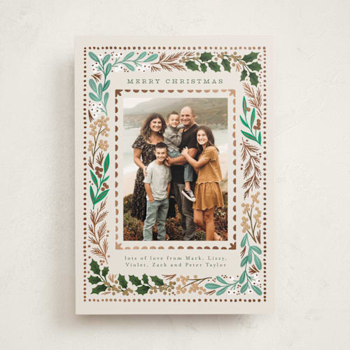 This is a chardonnay foil pressed holiday cards with foil pressed by Alethea and Ruth called botanical detail border printing on recycled smooth signature in standard