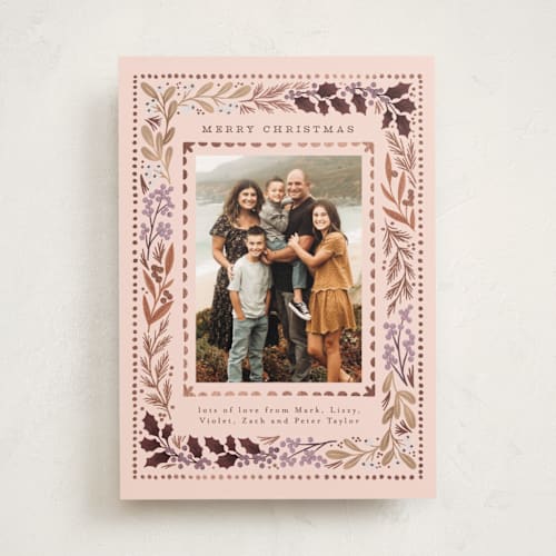 This is a blush foil pressed holiday cards with foil pressed by Alethea and Ruth called botanical detail border printing on recycled smooth signature in standard
