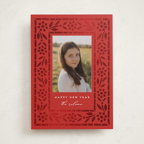 This is a poinsettia foil pressed holiday cards with foil pressed by Amy Kross called lisbon printing on recycled smooth signature in standard