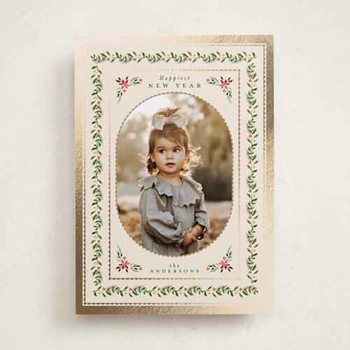 This is a eggnog foil pressed holiday cards with foil pressed by Jenna Holcomb called edelweiss printing on recycled smooth signature in standard