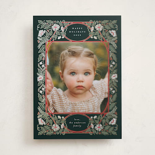 This is a deepest viridian foil pressed holiday cards with foil pressed by Simona Camp called blooms and berries printing on recycled smooth signature in standard