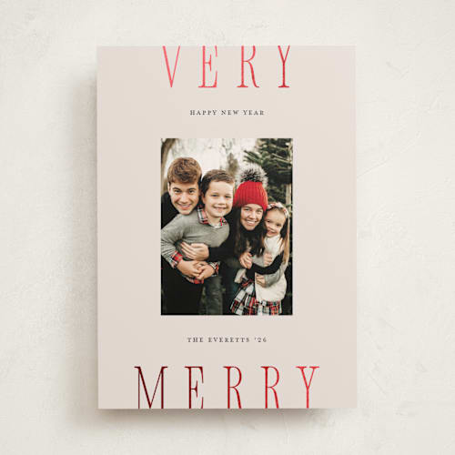 This is a eggnog foil pressed holiday cards with foil pressed by Chryssi Tsoupanarias called merry type printing on recycled smooth signature in standard