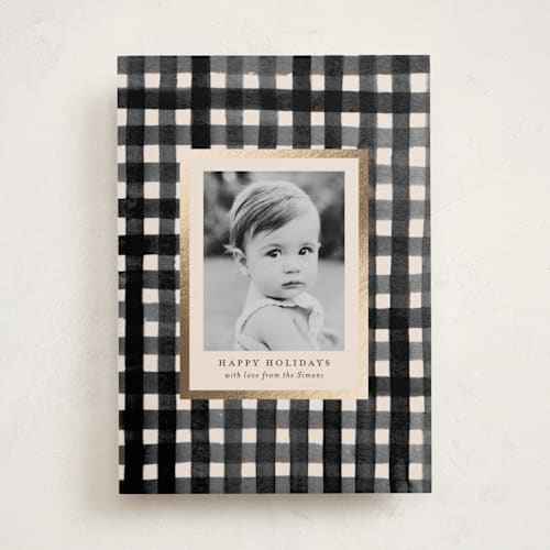 This is a charcoal foil pressed holiday cards with foil pressed by Meagan Christensen called gingham printing on recycled smooth signature in standard