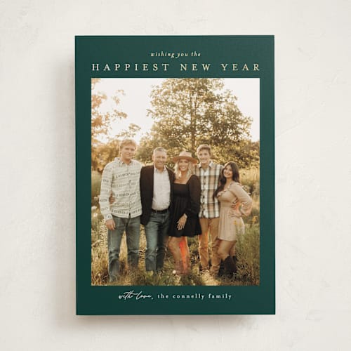 This is a hunter foil pressed holiday cards with foil pressed by Chris Griffith called frame of happiness printing on recycled smooth signature in standard