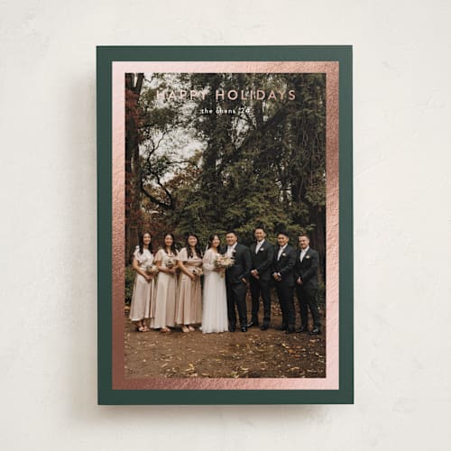 This is a evergreen foil pressed holiday cards with foil pressed by Stacey Meacham called bold frame printing on recycled smooth signature in standard