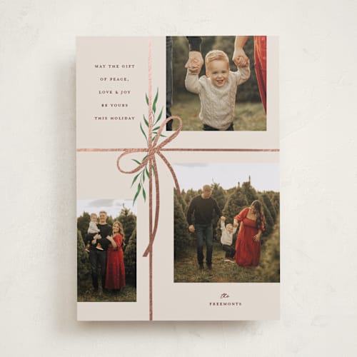 This is a burgundy foil pressed holiday cards with foil pressed by Susan Zinader called holiday gifts printing on recycled smooth signature in standard