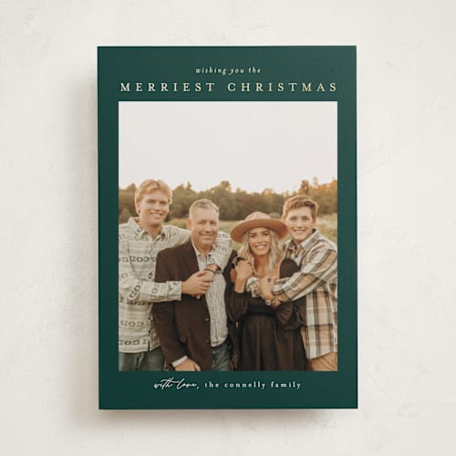 This is a hunter foil pressed holiday cards with foil pressed by Chris Griffith called frame of happiness printing on recycled smooth signature in standard