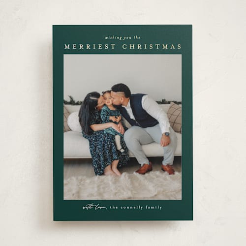 This is a hunter foil pressed holiday cards with foil pressed by Chris Griffith called frame of happiness printing on recycled smooth signature in standard
