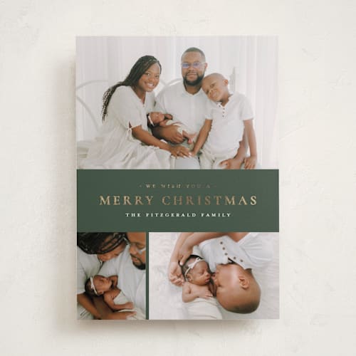 This is a eucalyptus foil pressed holiday cards with foil pressed by Wildfield Paper Co called quartzite printing on recycled smooth signature in standard